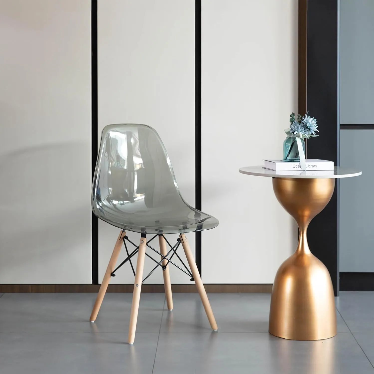 Fabulaxe Mid-Century Modern Style Dining Chair with Wooden Dowel Eiffel Legs, DSW Transparent Plastic Shell Accent Chair (Gray)
