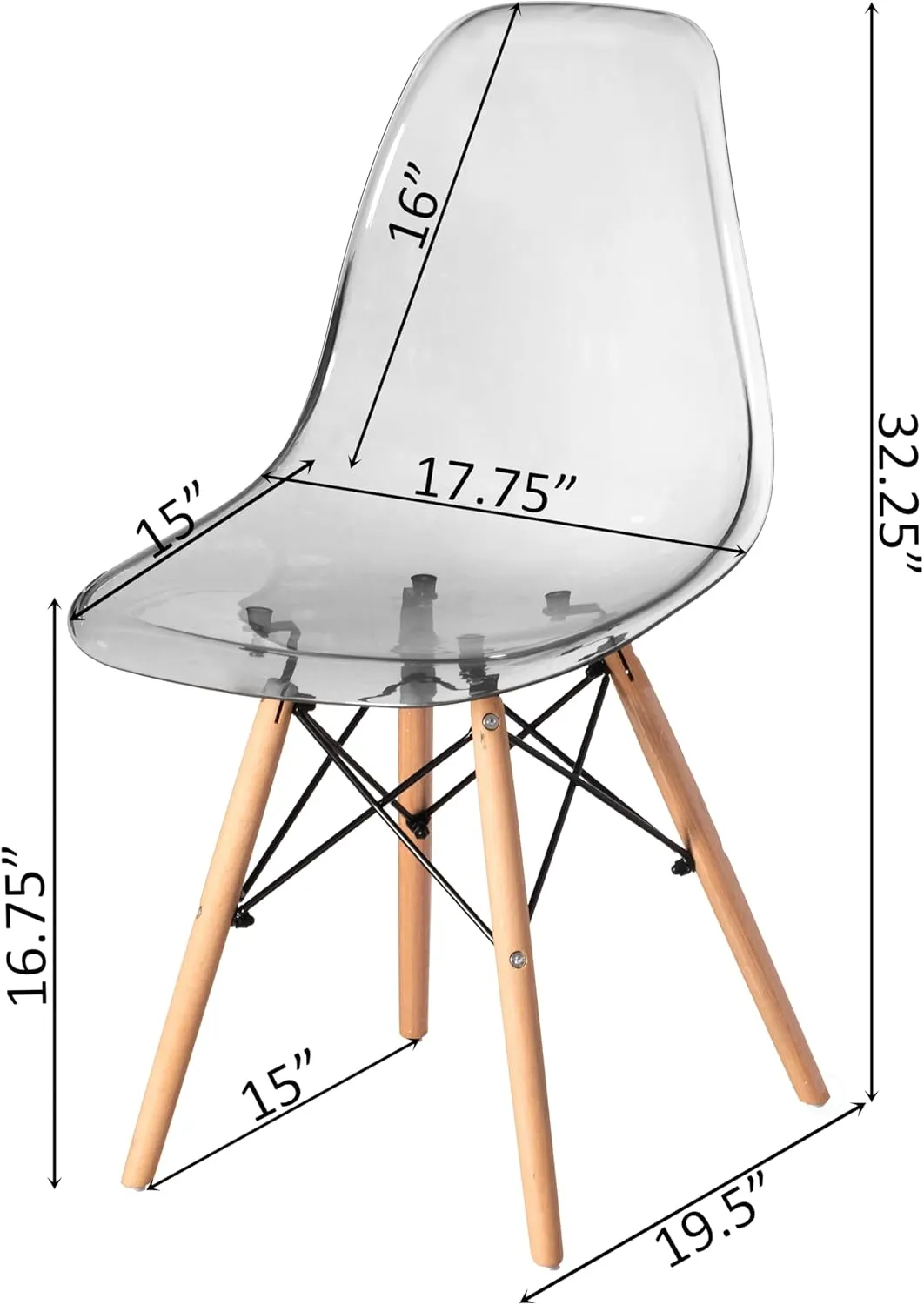 Fabulaxe Mid-Century Modern Style Dining Chair with Wooden Dowel Eiffel Legs, DSW Transparent Plastic Shell Accent Chair (Gray)