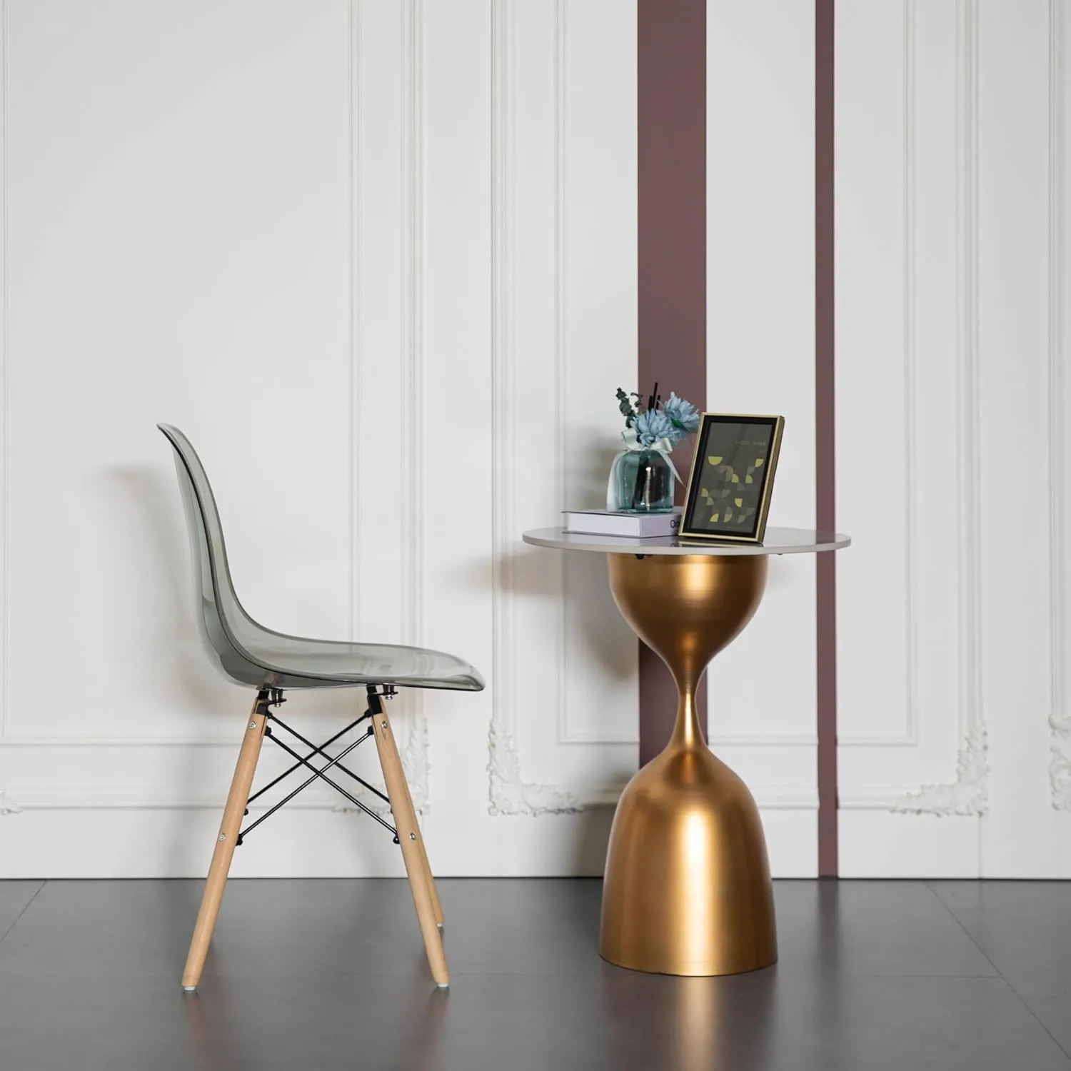 Fabulaxe Mid-Century Modern Style Dining Chair with Wooden Dowel Eiffel Legs, DSW Transparent Plastic Shell Accent Chair (Gray)