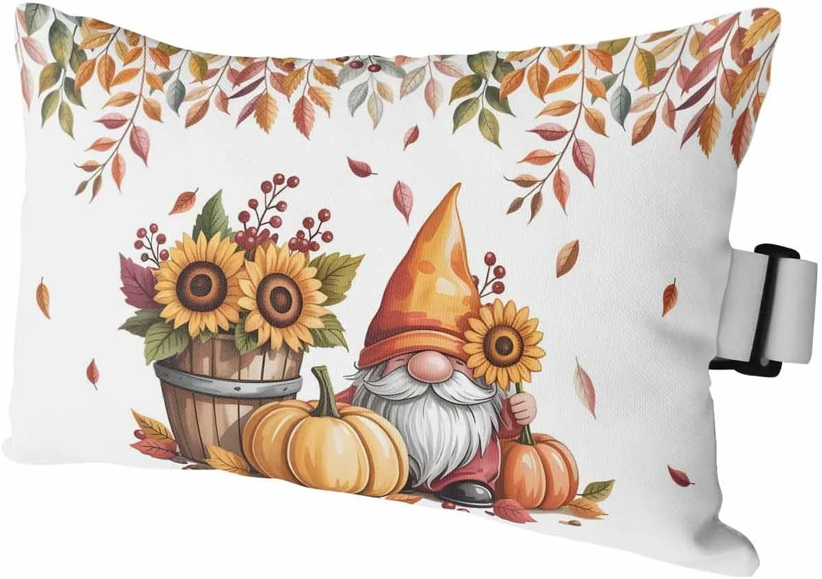 Fall Outdoor Head Resting Pillows with Insert Sunflower Pumpkin Thanksgiving Gnome Fall Leaf Berry 1 Pack Waterproof Lumbar Pillows with Elastic Strap for Patio Recliner Beach Chair, 11”x16”