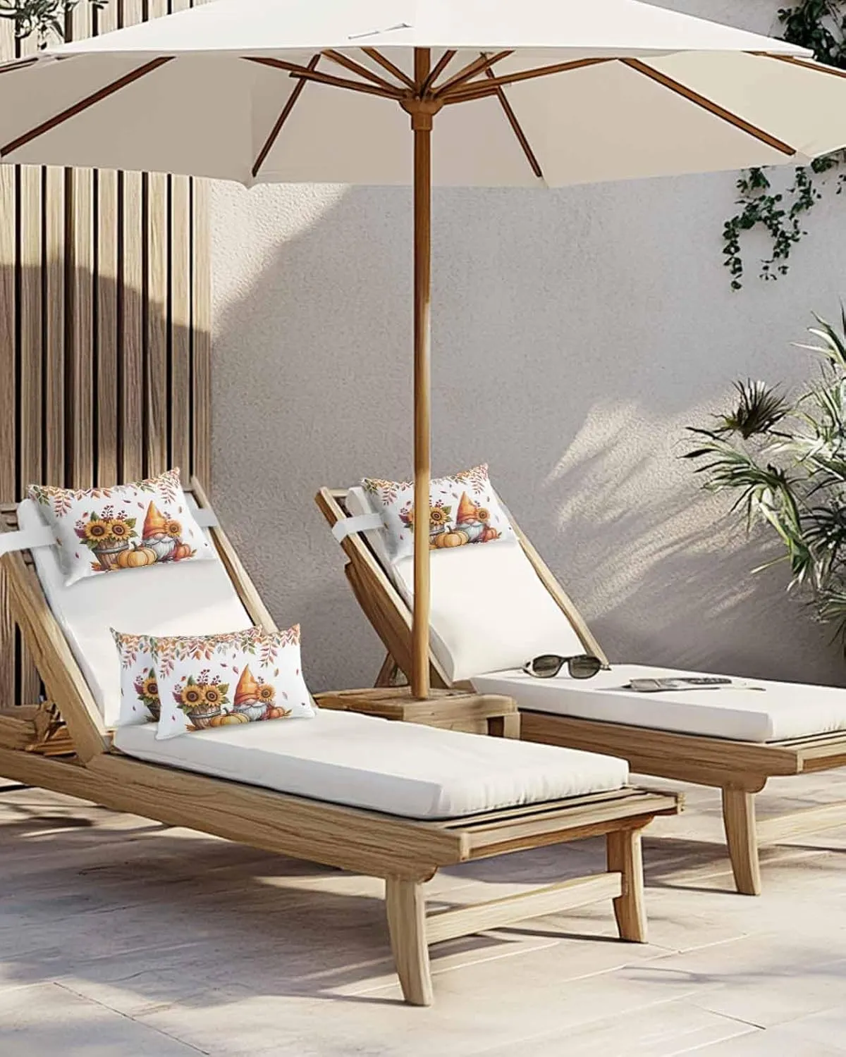 Fall Outdoor Head Resting Pillows with Insert Sunflower Pumpkin Thanksgiving Gnome Fall Leaf Berry 1 Pack Waterproof Lumbar Pillows with Elastic Strap for Patio Recliner Beach Chair, 11”x16”