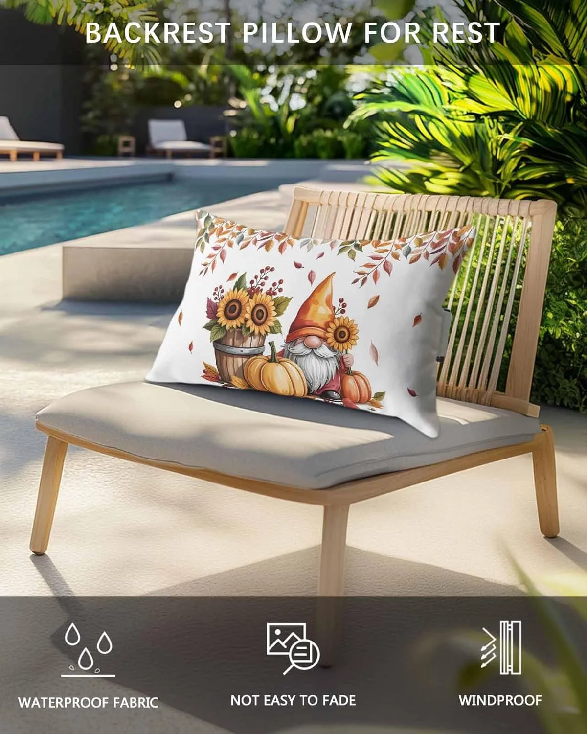 Fall Outdoor Head Resting Pillows with Insert Sunflower Pumpkin Thanksgiving Gnome Fall Leaf Berry 1 Pack Waterproof Lumbar Pillows with Elastic Strap for Patio Recliner Beach Chair, 11”x16”