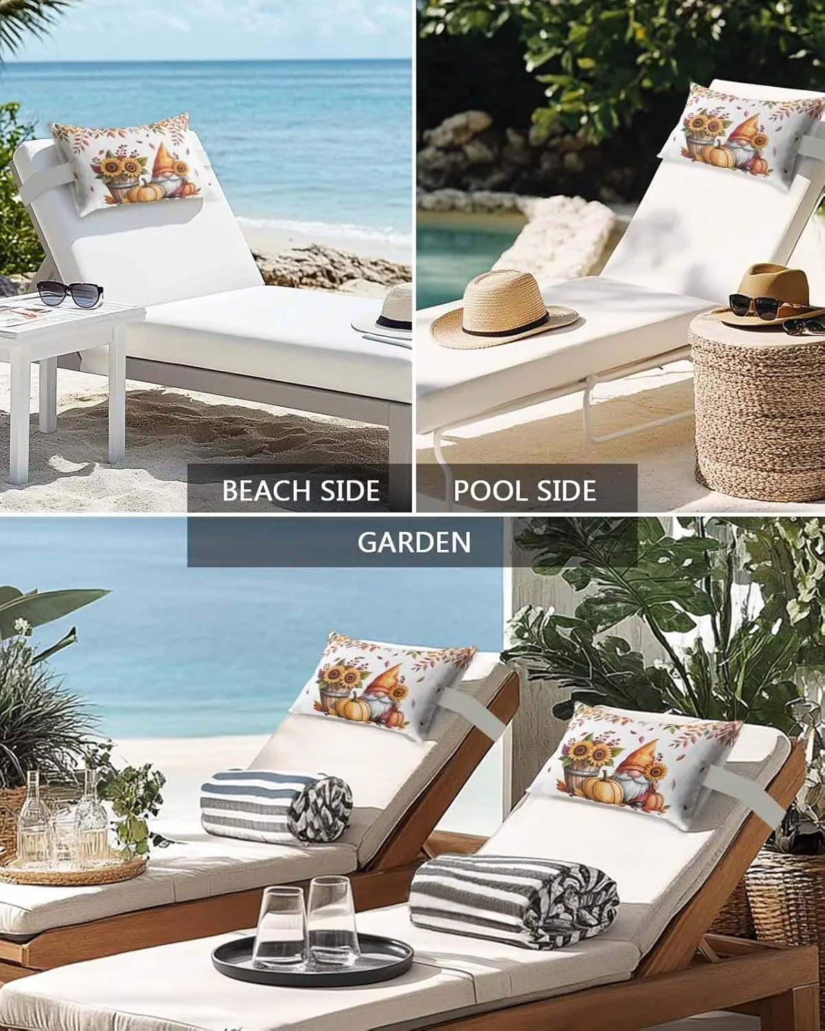 Fall Outdoor Head Resting Pillows with Insert Sunflower Pumpkin Thanksgiving Gnome Fall Leaf Berry 1 Pack Waterproof Lumbar Pillows with Elastic Strap for Patio Recliner Beach Chair, 11”x16”