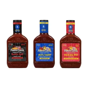 Famous Dave's BBQ Sauce Variety Bundle, 19-20 oz (Pack of 3) includes 1-Bottle Rich & Sassy Flavor   1-Bottle Devil's Spit Flavor   1-Bottle Texas Pit Flavor