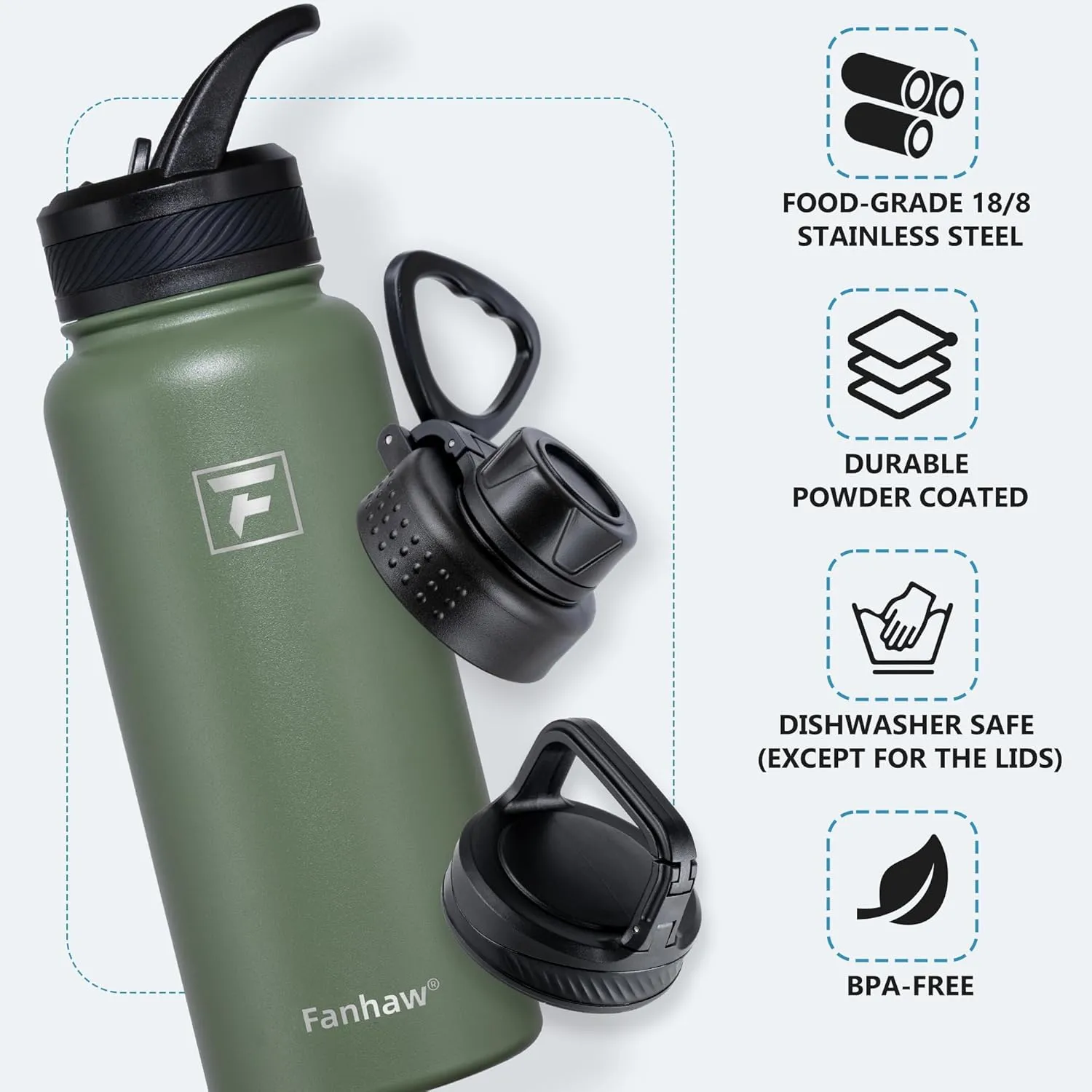 Fanhaw 32 oz Stainless Steel Insulated Water Bottle with 3 Lids (Straw, Spout and Carabiner Lid) - Wide Mouth Travel Thermal Mug (Olive Green)