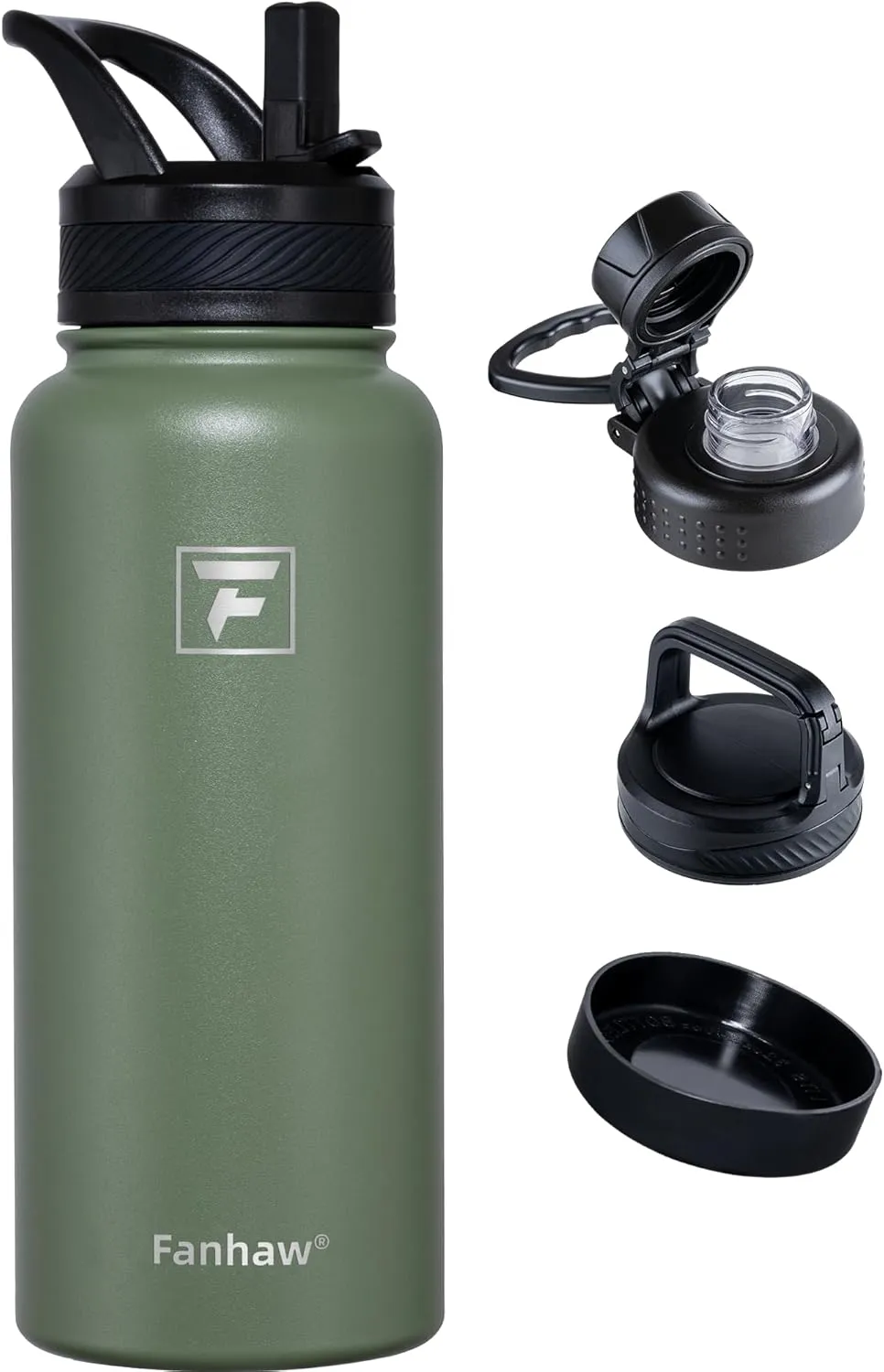 Fanhaw 32 oz Stainless Steel Insulated Water Bottle with 3 Lids (Straw, Spout and Carabiner Lid) - Wide Mouth Travel Thermal Mug (Olive Green)