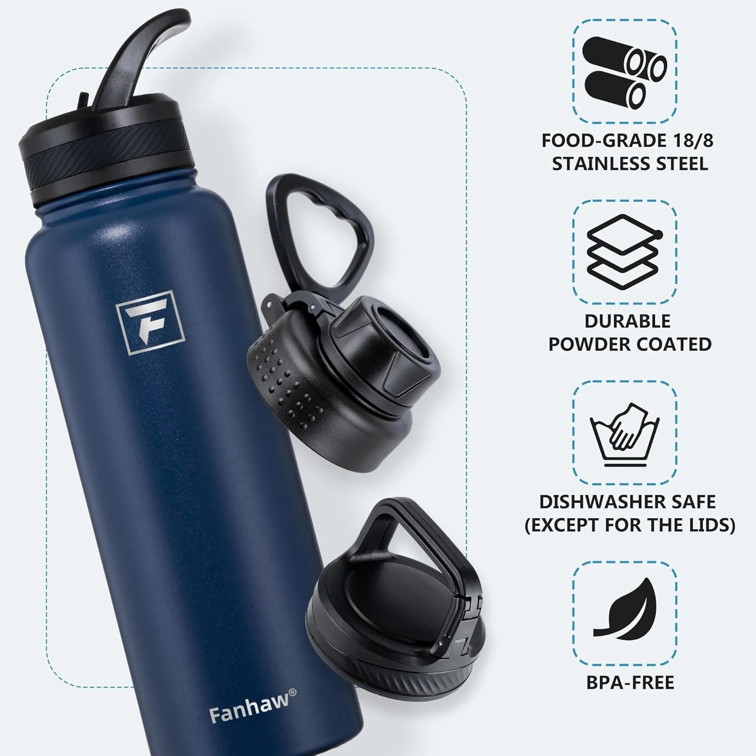 Fanhaw 40 oz Stainless Steel Insulated Water Bottle With 3 Lids (Straw, Spout and Carabiner Lid) - Double Walled Travel Thermal Canteen Mug (Navy Blue)