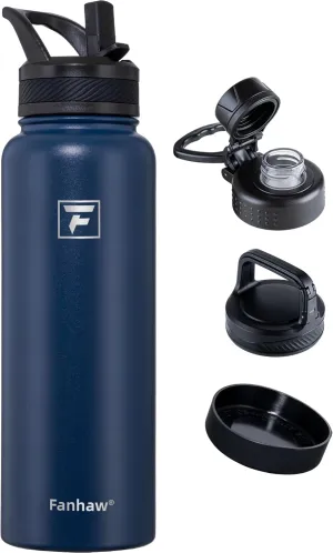Fanhaw 40 oz Stainless Steel Insulated Water Bottle With 3 Lids (Straw, Spout and Carabiner Lid) - Double Walled Travel Thermal Canteen Mug (Navy Blue)