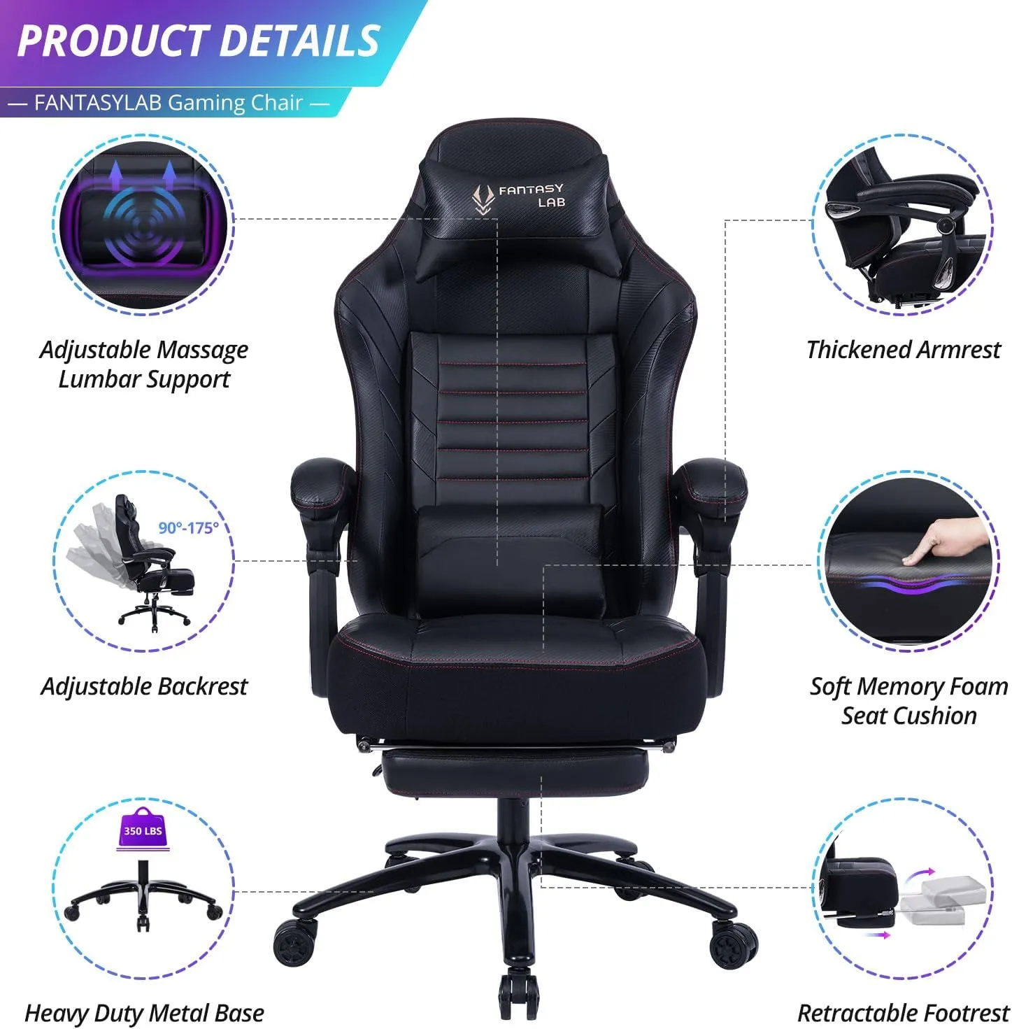 Fantasylab Big and Tall Gaming Chair with Footrest 400lbs Massage Gamer Chair with Memory Foam Adjustable Tilt Back Angle & Armrest, High Back Leather Computer Office Chair