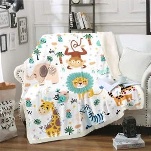 Feelyou Cartoon Jungle Animals Sherpa Blanket Boys Girls Teens Child Toddler Kids Safari Zoo Animals Fleece Throw Blanket Lion Tiger Monkey Giraffe Fuzzy Blanket for Sofa Bed Couch,Baby 30x40 Inches
