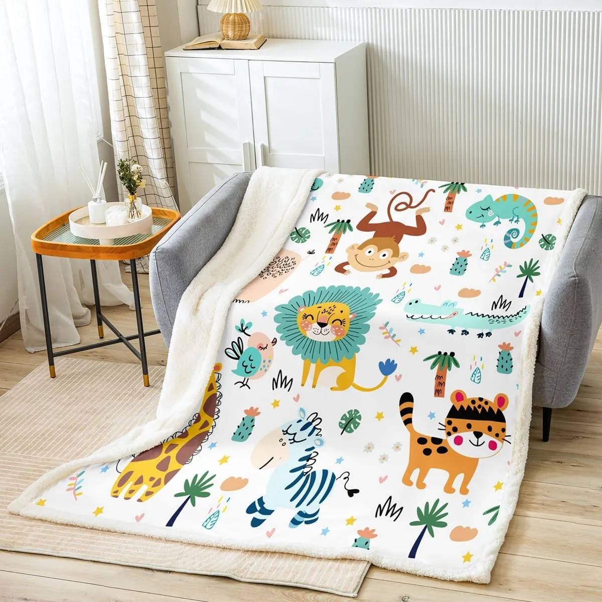 Feelyou Cartoon Jungle Animals Sherpa Blanket Boys Girls Teens Child Toddler Kids Safari Zoo Animals Fleece Throw Blanket Lion Tiger Monkey Giraffe Fuzzy Blanket for Sofa Bed Couch,Baby 30x40 Inches