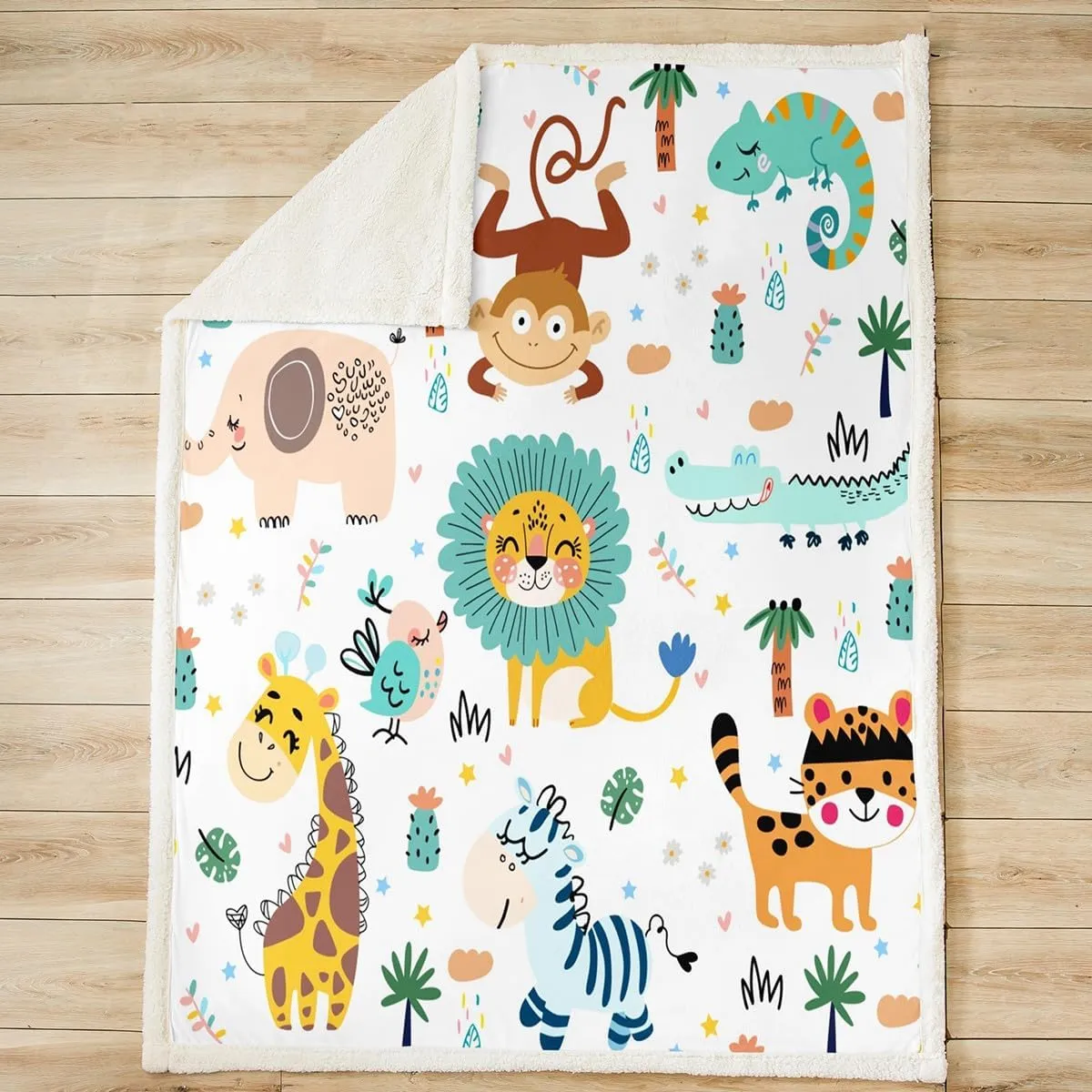 Feelyou Cartoon Jungle Animals Sherpa Blanket Boys Girls Teens Child Toddler Kids Safari Zoo Animals Fleece Throw Blanket Lion Tiger Monkey Giraffe Fuzzy Blanket for Sofa Bed Couch,Baby 30x40 Inches