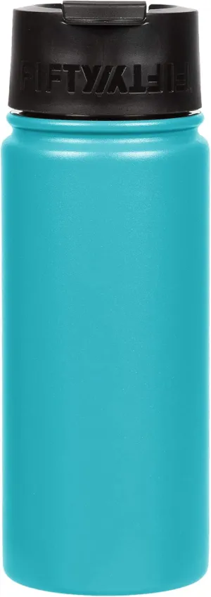 Fifty/Fifty 16oz, Double Wall Vacuum Insulated Café Water Bottle, Stainless Steel, Flip Cap w/ Wide Mouth, Aqua, 16oz/473ml