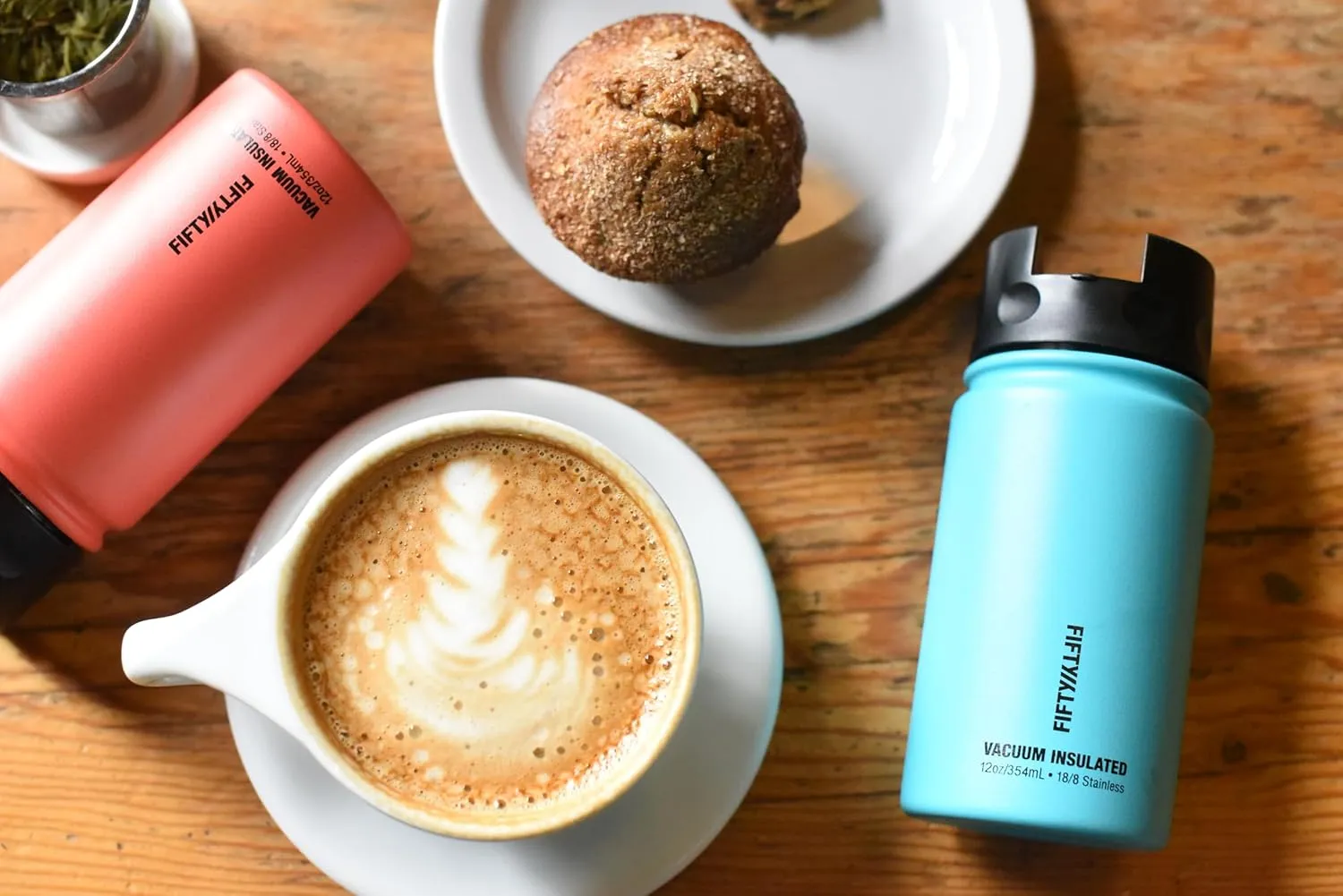 Fifty/Fifty 16oz, Double Wall Vacuum Insulated Café Water Bottle, Stainless Steel, Flip Cap w/ Wide Mouth, Aqua, 16oz/473ml