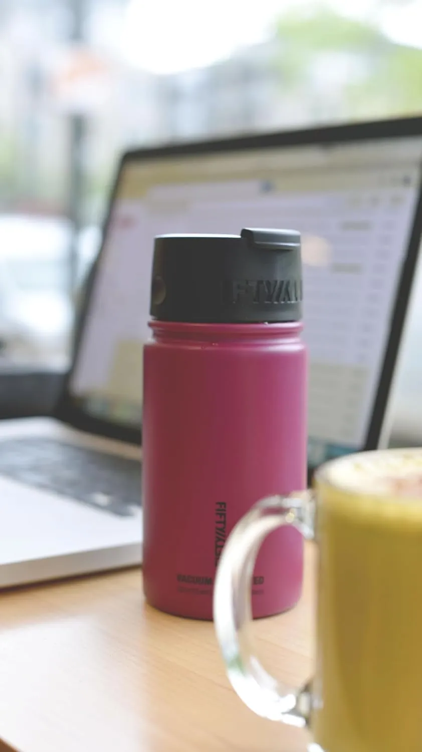 Fifty/Fifty 16oz, Double Wall Vacuum Insulated Café Water Bottle, Stainless Steel, Flip Cap w/ Wide Mouth, Aqua, 16oz/473ml