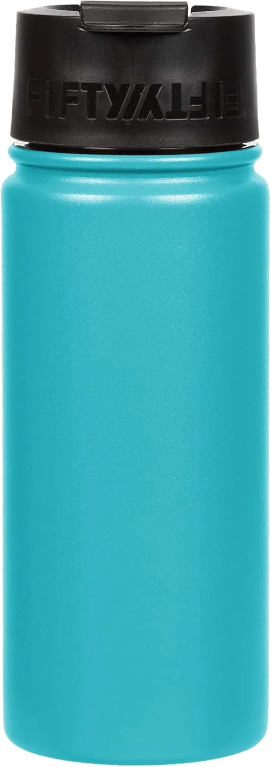Fifty/Fifty 16oz, Double Wall Vacuum Insulated Café Water Bottle, Stainless Steel, Flip Cap w/ Wide Mouth, Aqua, 16oz/473ml
