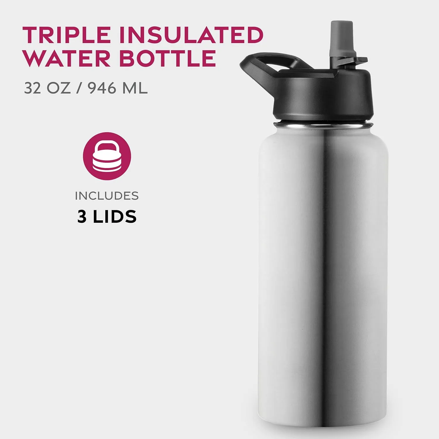 FineDine Water Bottle - Stainless Steel Insulated Water Bottle with Straw Lid, Flip Lid & Wide-Mouth Cap - Keeps Hot and Cold - 32 Oz / 946ml - Brushed Stainless Steel