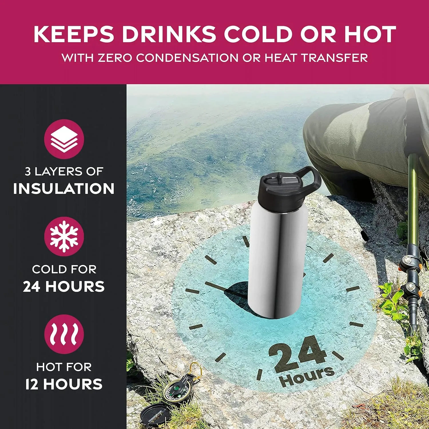 FineDine Water Bottle - Stainless Steel Insulated Water Bottle with Straw Lid, Flip Lid & Wide-Mouth Cap - Keeps Hot and Cold - 32 Oz / 946ml - Brushed Stainless Steel