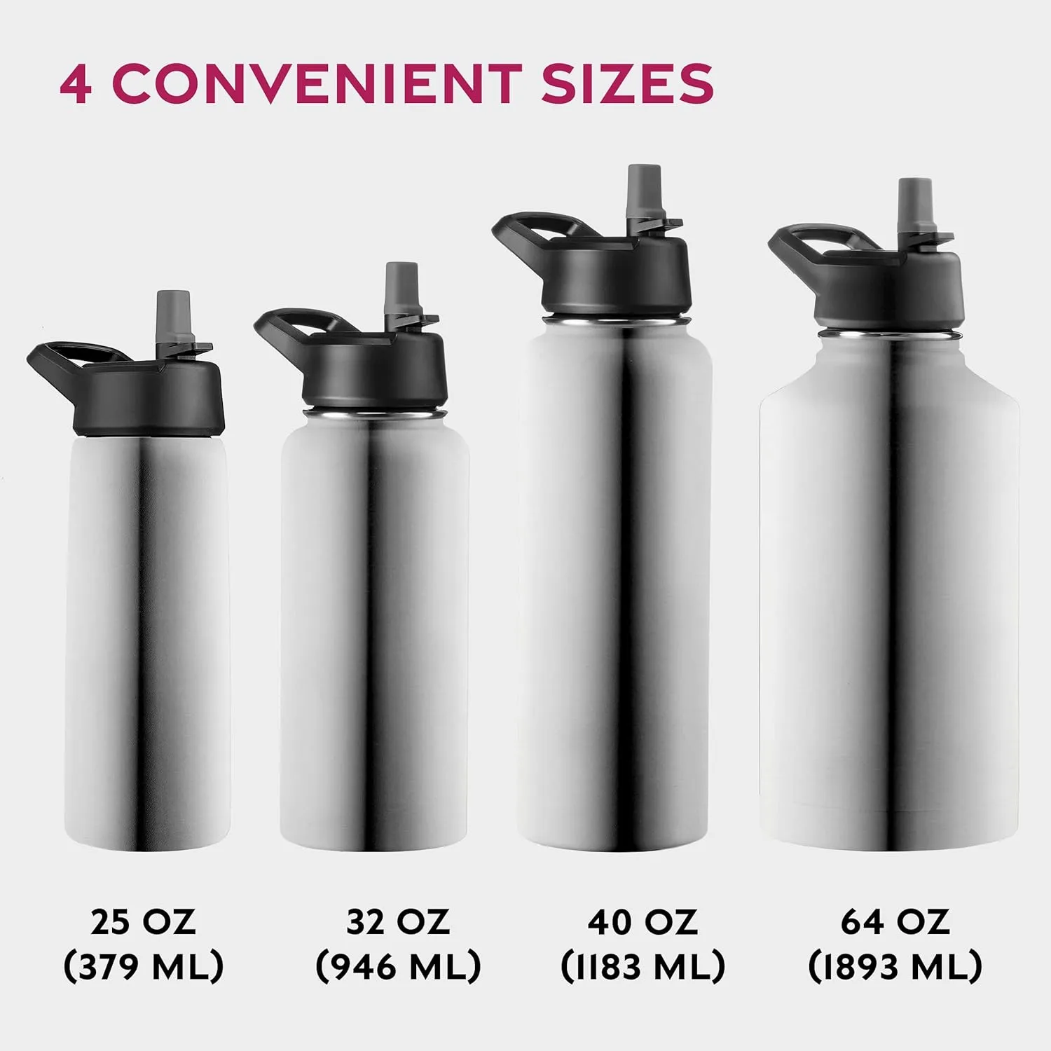 FineDine Water Bottle - Stainless Steel Insulated Water Bottle with Straw Lid, Flip Lid & Wide-Mouth Cap - Keeps Hot and Cold - 32 Oz / 946ml - Brushed Stainless Steel
