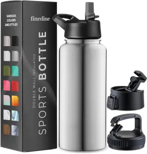 FineDine Water Bottle - Stainless Steel Insulated Water Bottle with Straw Lid, Flip Lid & Wide-Mouth Cap - Keeps Hot and Cold - 32 Oz / 946ml - Brushed Stainless Steel
