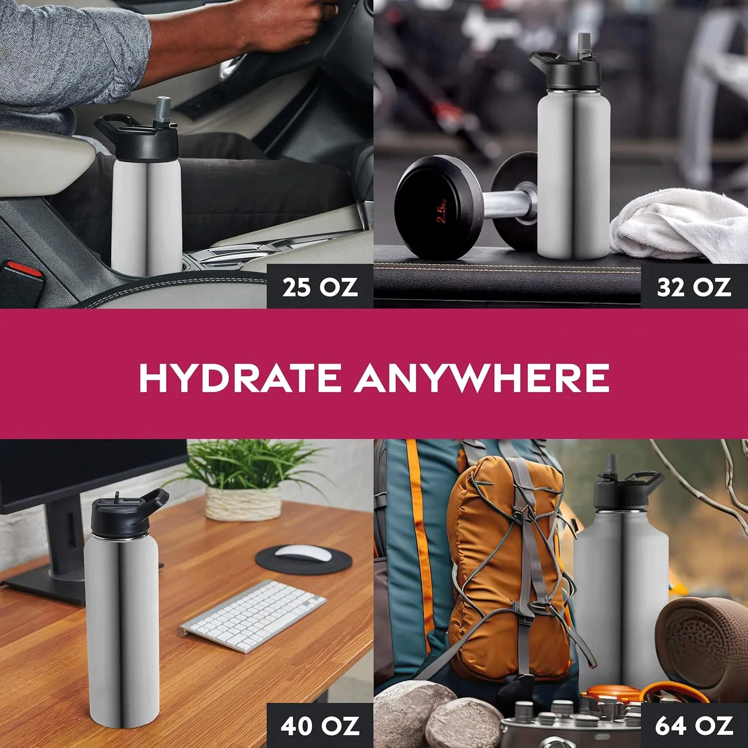 FineDine Water Bottle - Stainless Steel Insulated Water Bottle with Straw Lid, Flip Lid & Wide-Mouth Cap - Keeps Hot and Cold - 32 Oz / 946ml - Brushed Stainless Steel
