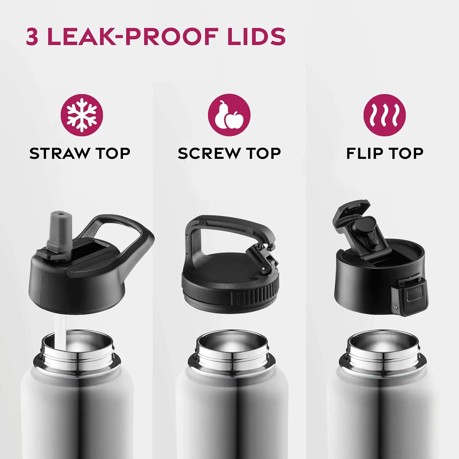 FineDine Water Bottle - Stainless Steel Insulated Water Bottle with Straw Lid, Flip Lid & Wide-Mouth Cap - Keeps Hot and Cold - 32 Oz / 946ml - Brushed Stainless Steel