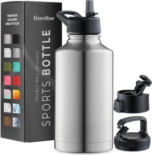 FineDine Water Bottle - Stainless Steel Insulated Water Bottle with Straw Lid, Flip Lid & Wide-Mouth Cap - Keeps Hot and Cold - 64 Oz / 1.89L - Brushed Stainless Steel