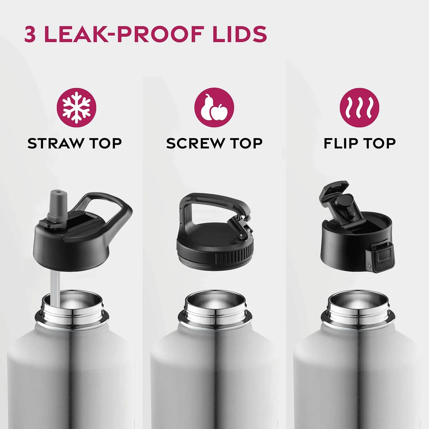 FineDine Water Bottle - Stainless Steel Insulated Water Bottle with Straw Lid, Flip Lid & Wide-Mouth Cap - Keeps Hot and Cold - 64 Oz / 1.89L - Brushed Stainless Steel