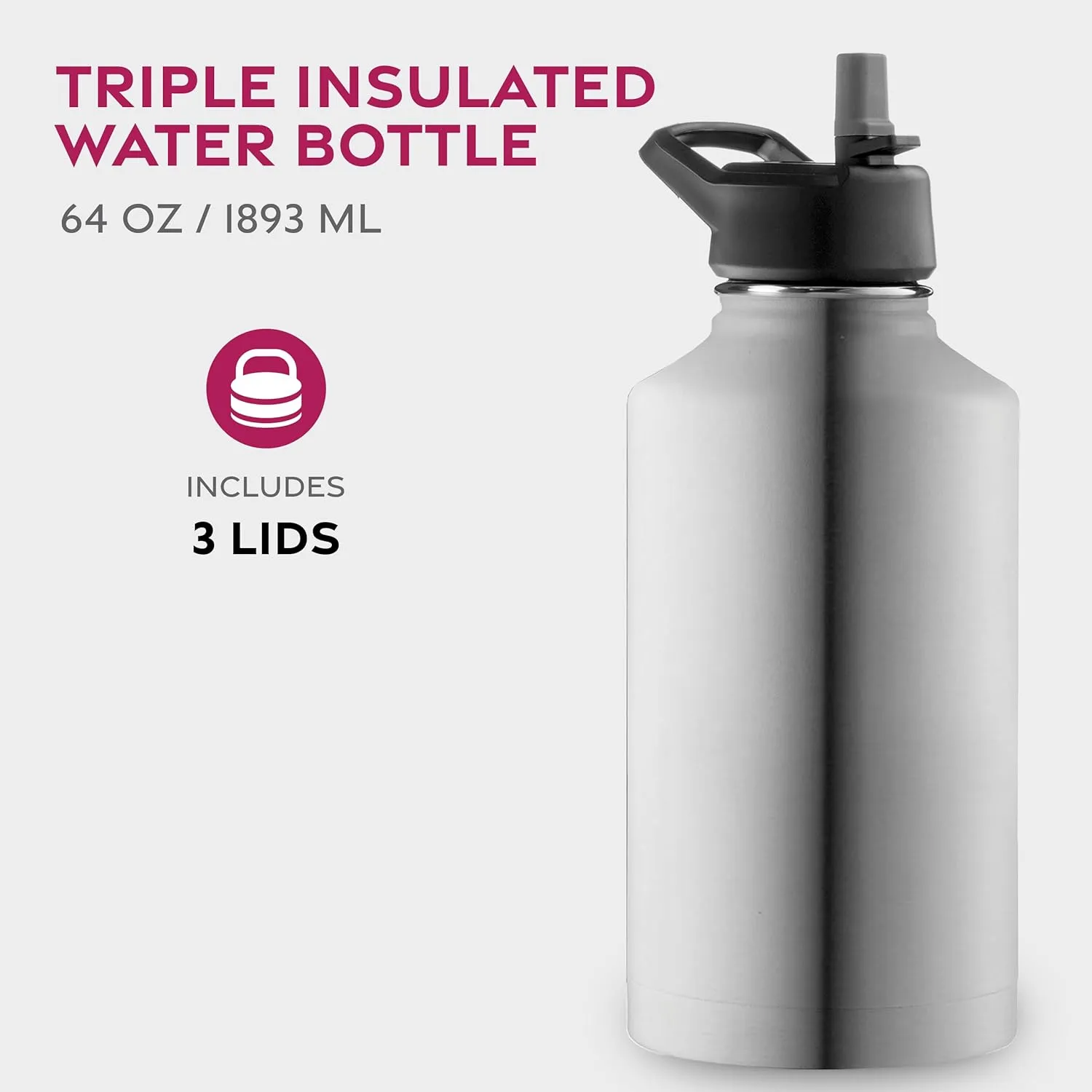 FineDine Water Bottle - Stainless Steel Insulated Water Bottle with Straw Lid, Flip Lid & Wide-Mouth Cap - Keeps Hot and Cold - 64 Oz / 1.89L - Brushed Stainless Steel