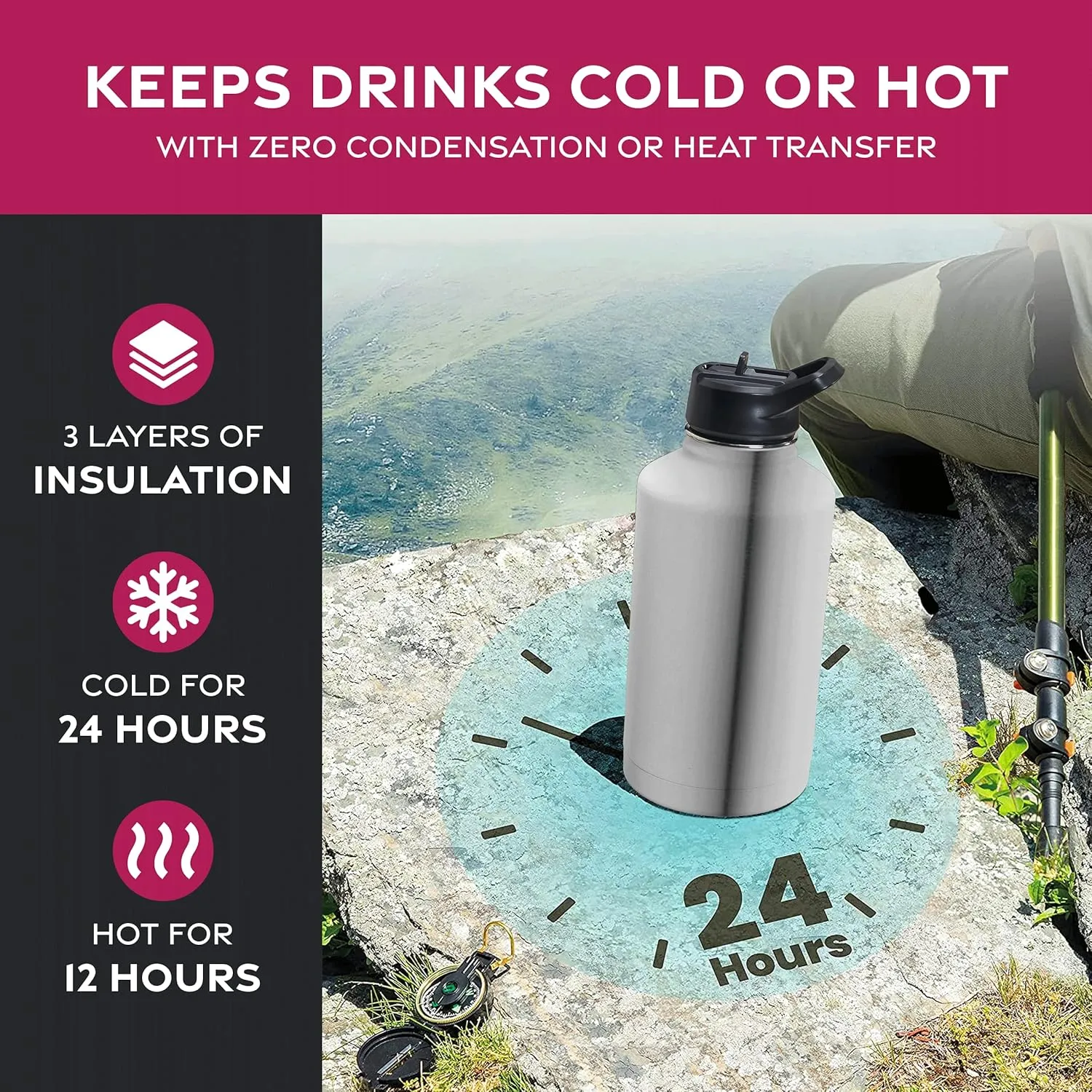 FineDine Water Bottle - Stainless Steel Insulated Water Bottle with Straw Lid, Flip Lid & Wide-Mouth Cap - Keeps Hot and Cold - 64 Oz / 1.89L - Brushed Stainless Steel