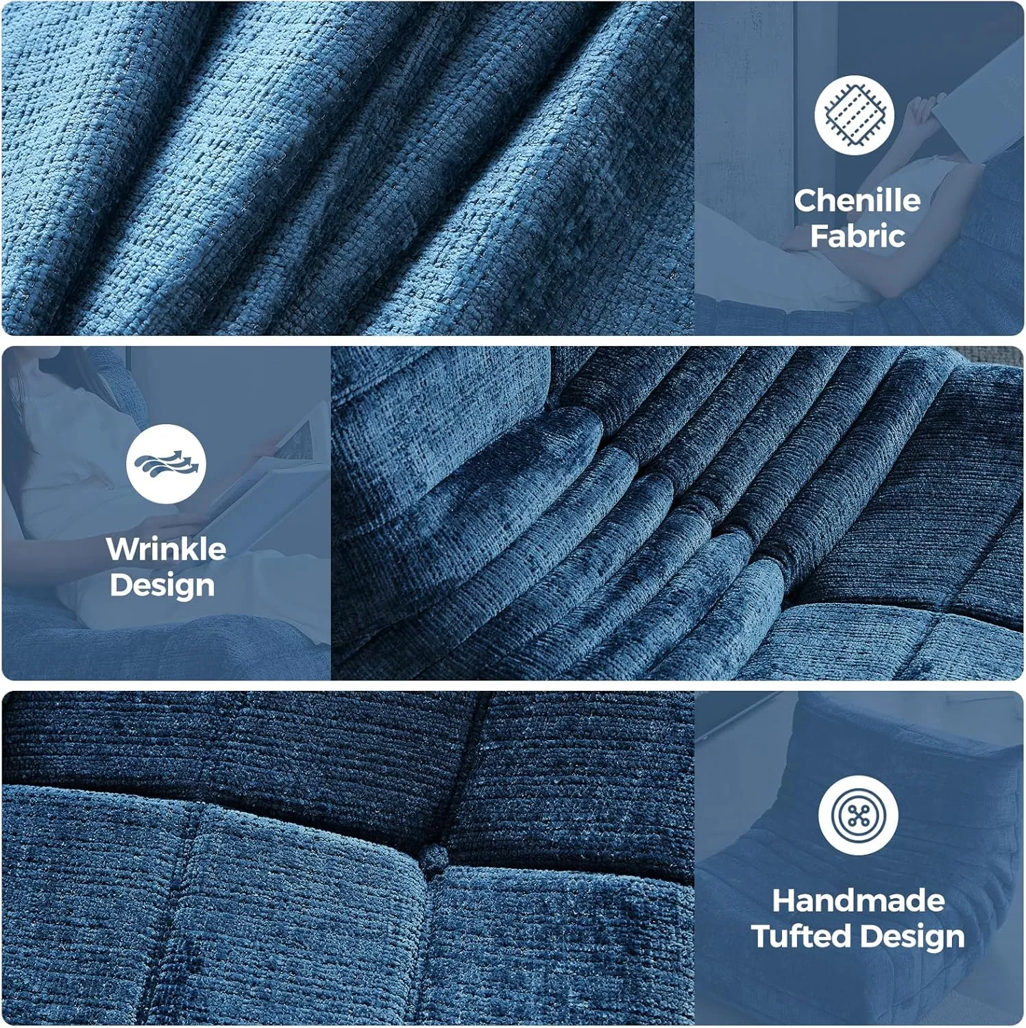 Fireside Chair, Bean Bag Chair for Adults Lazy Floor Sofa Chair Couch Modern Chenille Fabric High-Density Foam Single Sofa Floor Corner Couch for Living Room Bedroom Salon Blue