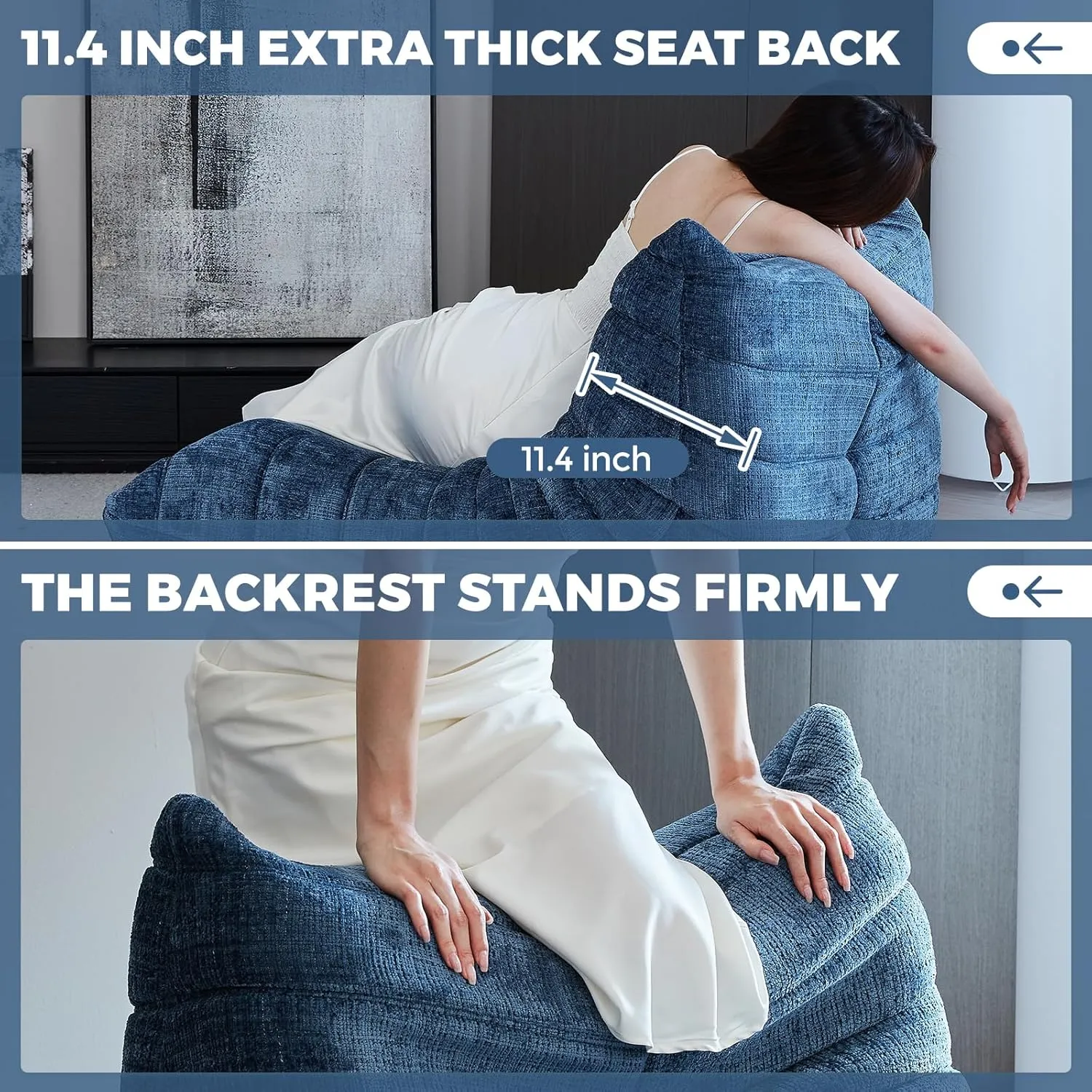 Fireside Chair, Bean Bag Chair for Adults Lazy Floor Sofa Chair Couch Modern Chenille Fabric High-Density Foam Single Sofa Floor Corner Couch for Living Room Bedroom Salon Blue