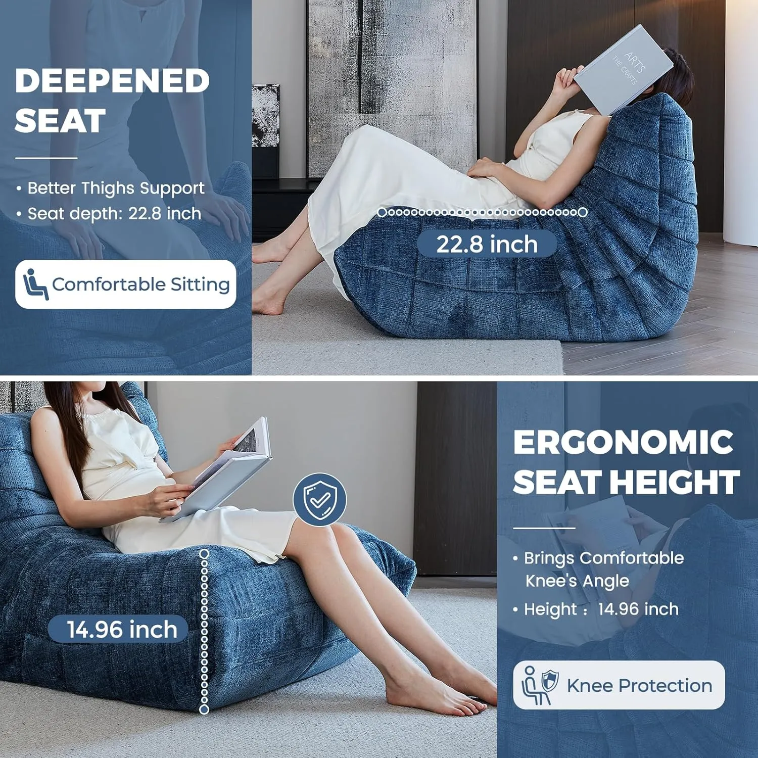 Fireside Chair, Bean Bag Chair for Adults Lazy Floor Sofa Chair Couch Modern Chenille Fabric High-Density Foam Single Sofa Floor Corner Couch for Living Room Bedroom Salon Blue