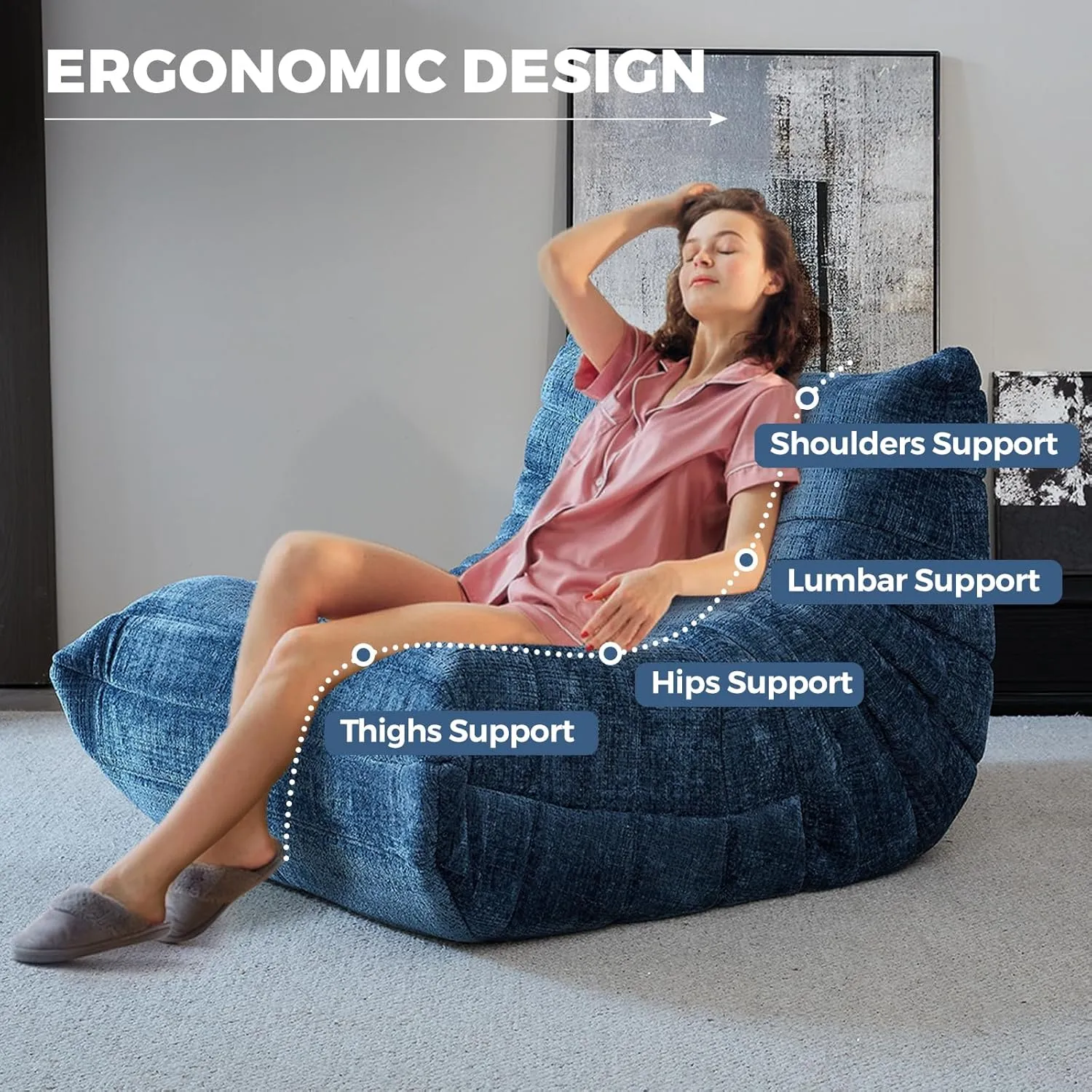 Fireside Chair, Bean Bag Chair for Adults Lazy Floor Sofa Chair Couch Modern Chenille Fabric High-Density Foam Single Sofa Floor Corner Couch for Living Room Bedroom Salon Blue