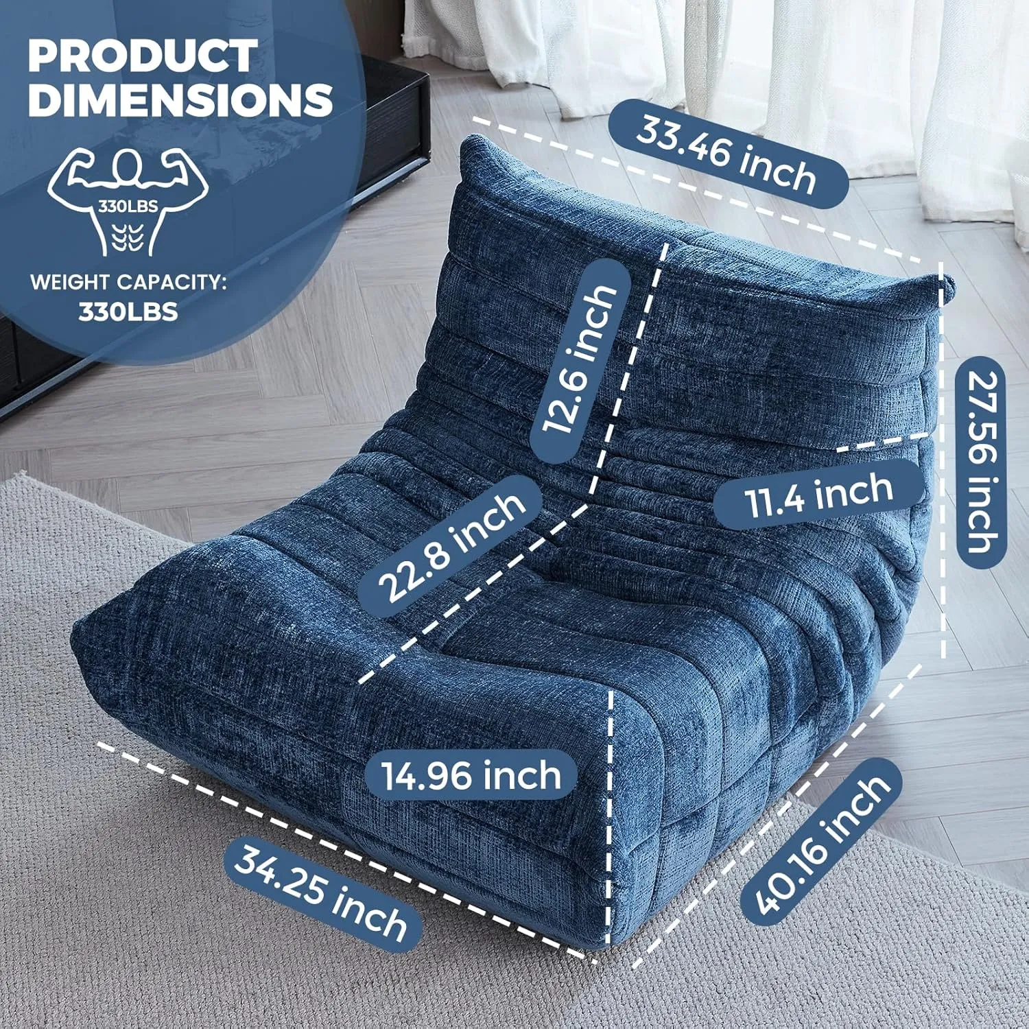 Fireside Chair, Bean Bag Chair for Adults Lazy Floor Sofa Chair Couch Modern Chenille Fabric High-Density Foam Single Sofa Floor Corner Couch for Living Room Bedroom Salon Blue