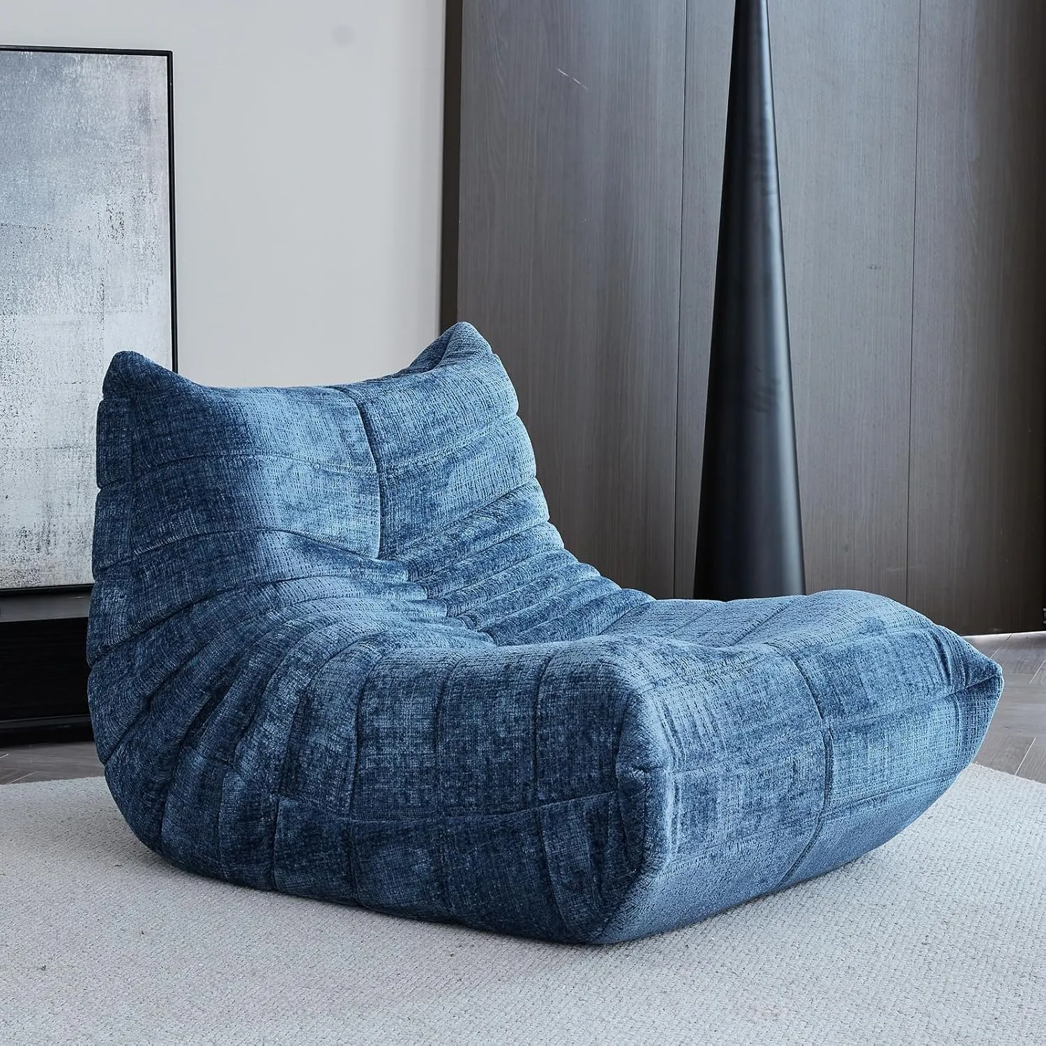 Fireside Chair, Bean Bag Chair for Adults Lazy Floor Sofa Chair Couch Modern Chenille Fabric High-Density Foam Single Sofa Floor Corner Couch for Living Room Bedroom Salon Blue