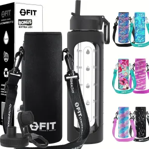 FIT Strong & Healthy 32 oz Glass Water Bottle with Straw Lid, Time Marker, Sleeve & Extra Lid - Motivational, Wide Mouth 1 Liter Glass Drinking Bottle