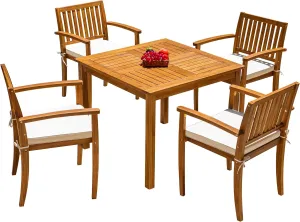 Flamaker 5 Piece Outdoor Dining Set Acacia Wood Patio Table and Chairs with Soft Cushions Patio Furniture for Deck, Backyard, Garden