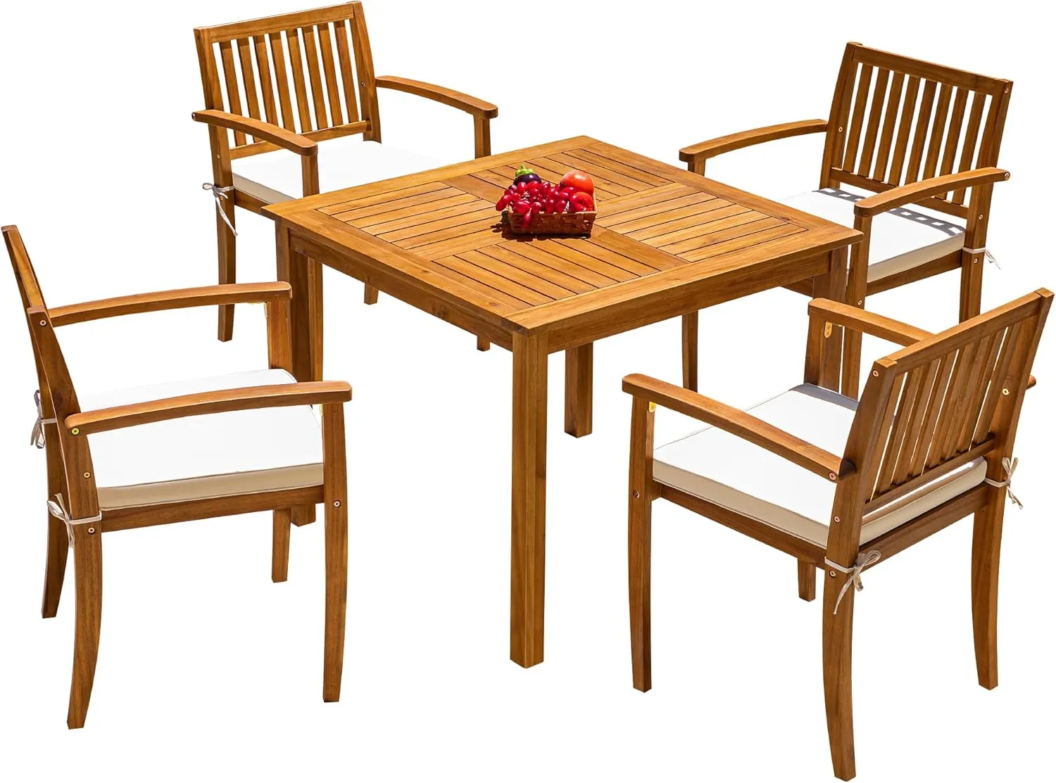 Flamaker 5 Piece Outdoor Dining Set Acacia Wood Patio Table and Chairs with Soft Cushions Patio Furniture for Deck, Backyard, Garden