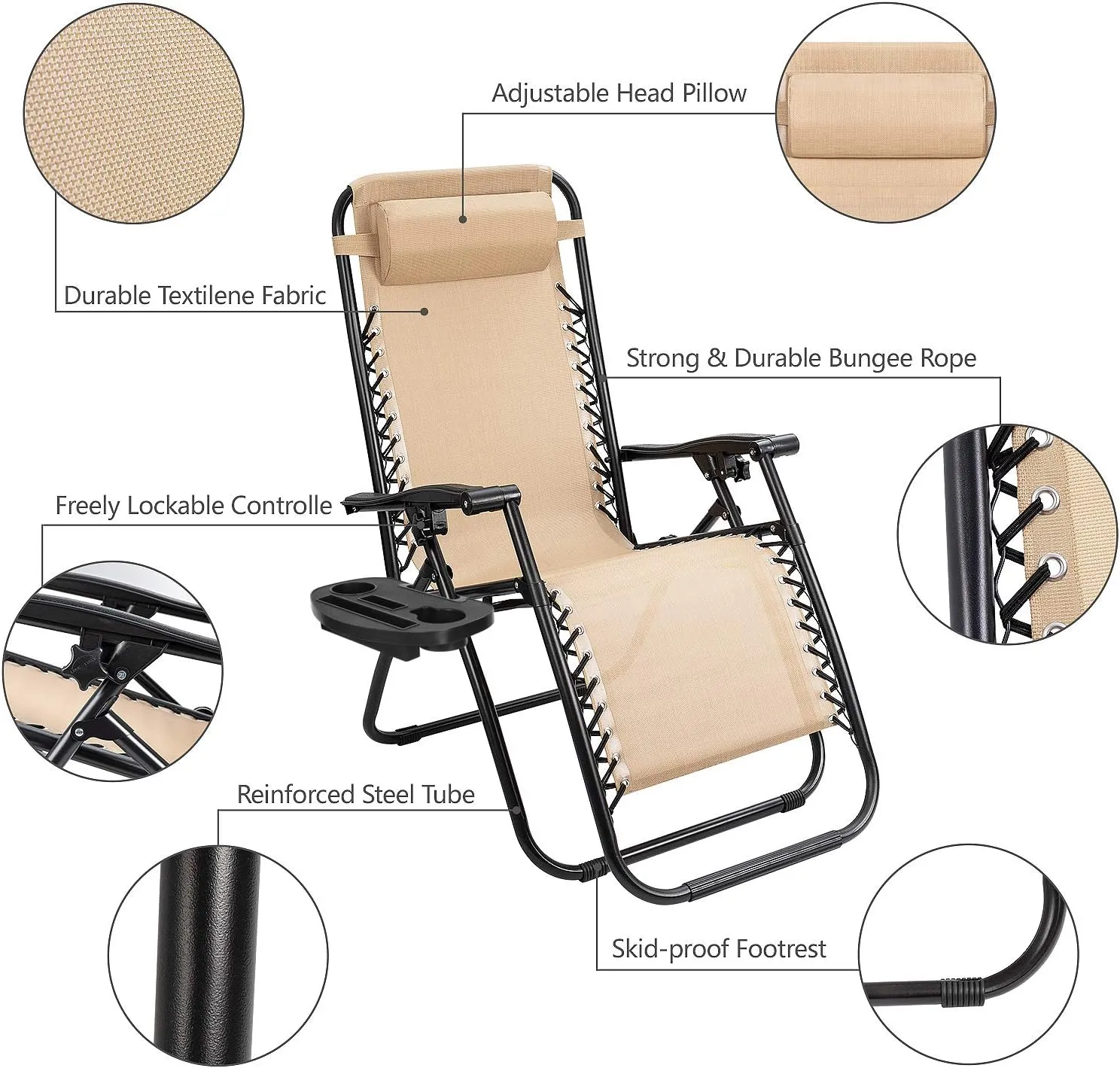 Flamaker Patio Zero Gravity Chair Outdoor Recliners Folding Lounge Chair Adjustable Lawn Lounge Chair with Pillow for Poolside, Yard and Camping (Beige)