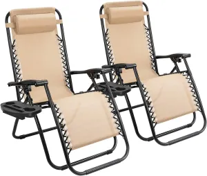 Flamaker Patio Zero Gravity Chair Outdoor Recliners Folding Lounge Chair Adjustable Lawn Lounge Chair with Pillow for Poolside, Yard and Camping (Beige)