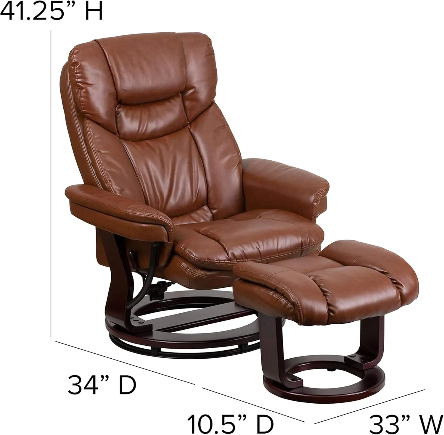 Flash Furniture Allie LeatherSoft Upholstered Recliner with Footrest, Arms, and Headrest, Padded Swivel Recliner Chair and Ottoman Set, Brown Vintage