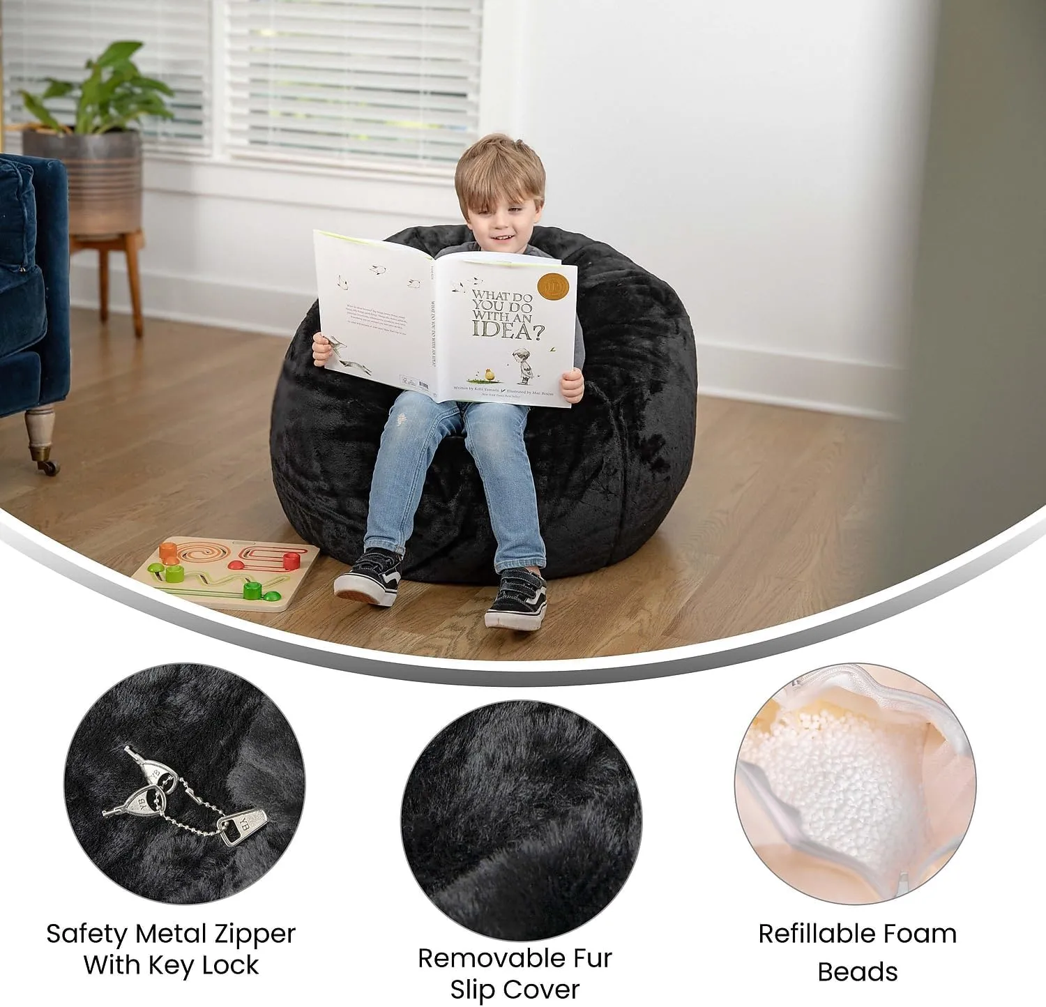 Flash Furniture Dillon Small Black Furry Bean Bag Chair for Kids and Teens