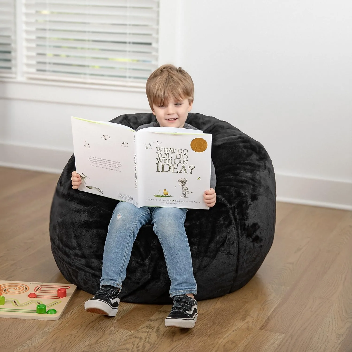 Flash Furniture Dillon Small Black Furry Bean Bag Chair for Kids and Teens