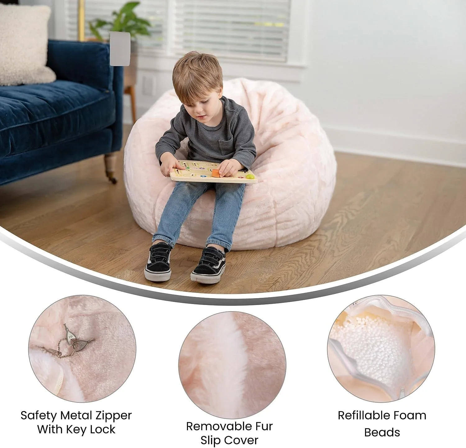Flash Furniture Dillon Small Blush Furry Bean Bag Chair for Kids and Teens