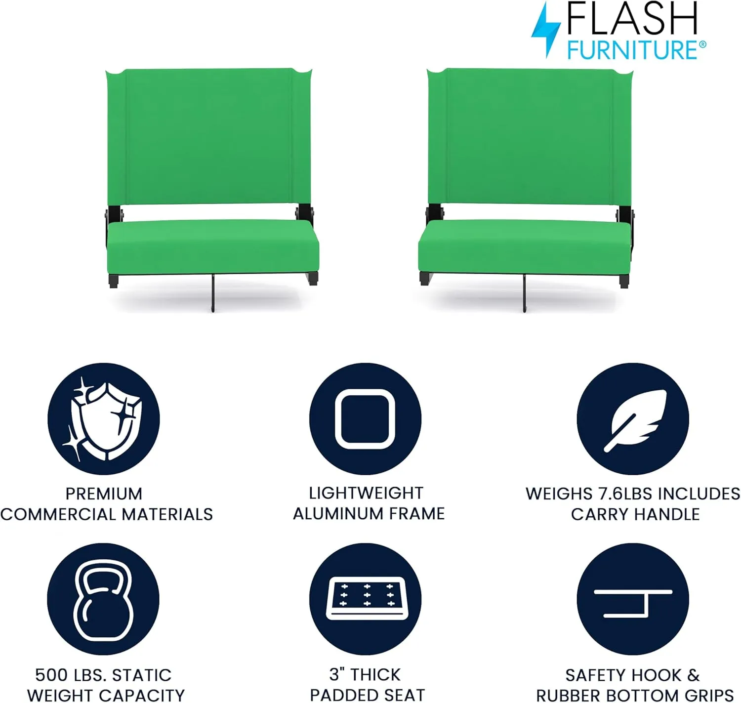 Flash Furniture Grandstand Portable Stadium Seats for Bleachers or Benches, Folding Padded Stadium Chairs with Handle, Pack of 2, 500 lb. Weight Capacity, Bright Green