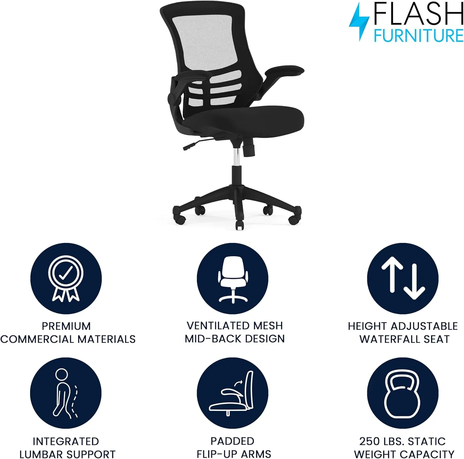 Flash Furniture Kelista Mid-Back Swivel Office Chair with Adjustable Seat Height, Ergonomic Mesh Desk Chair with Flip-Up Armrests, Black