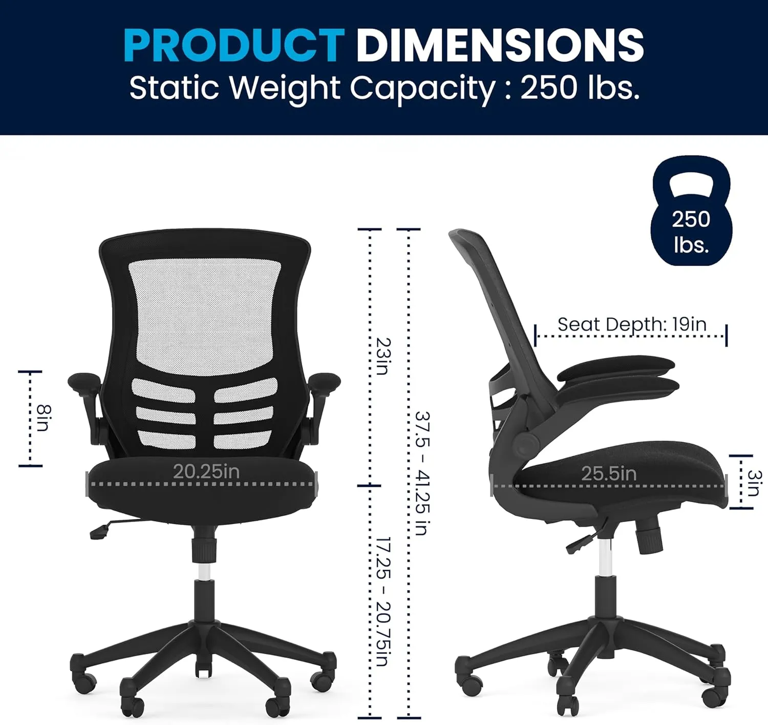 Flash Furniture Kelista Mid-Back Swivel Office Chair with Adjustable Seat Height, Ergonomic Mesh Desk Chair with Flip-Up Armrests, Black