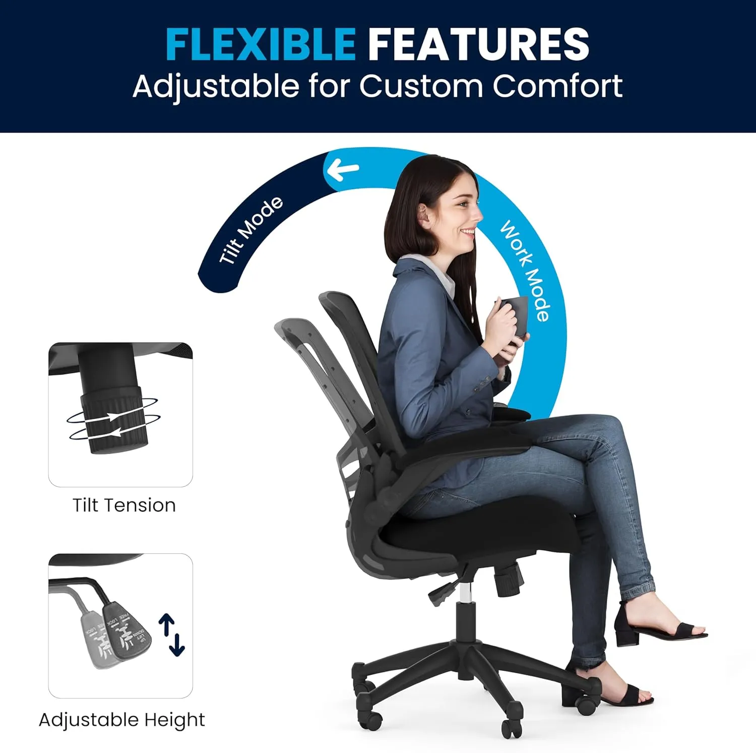 Flash Furniture Kelista Mid-Back Swivel Office Chair with Adjustable Seat Height, Ergonomic Mesh Desk Chair with Flip-Up Armrests, Black
