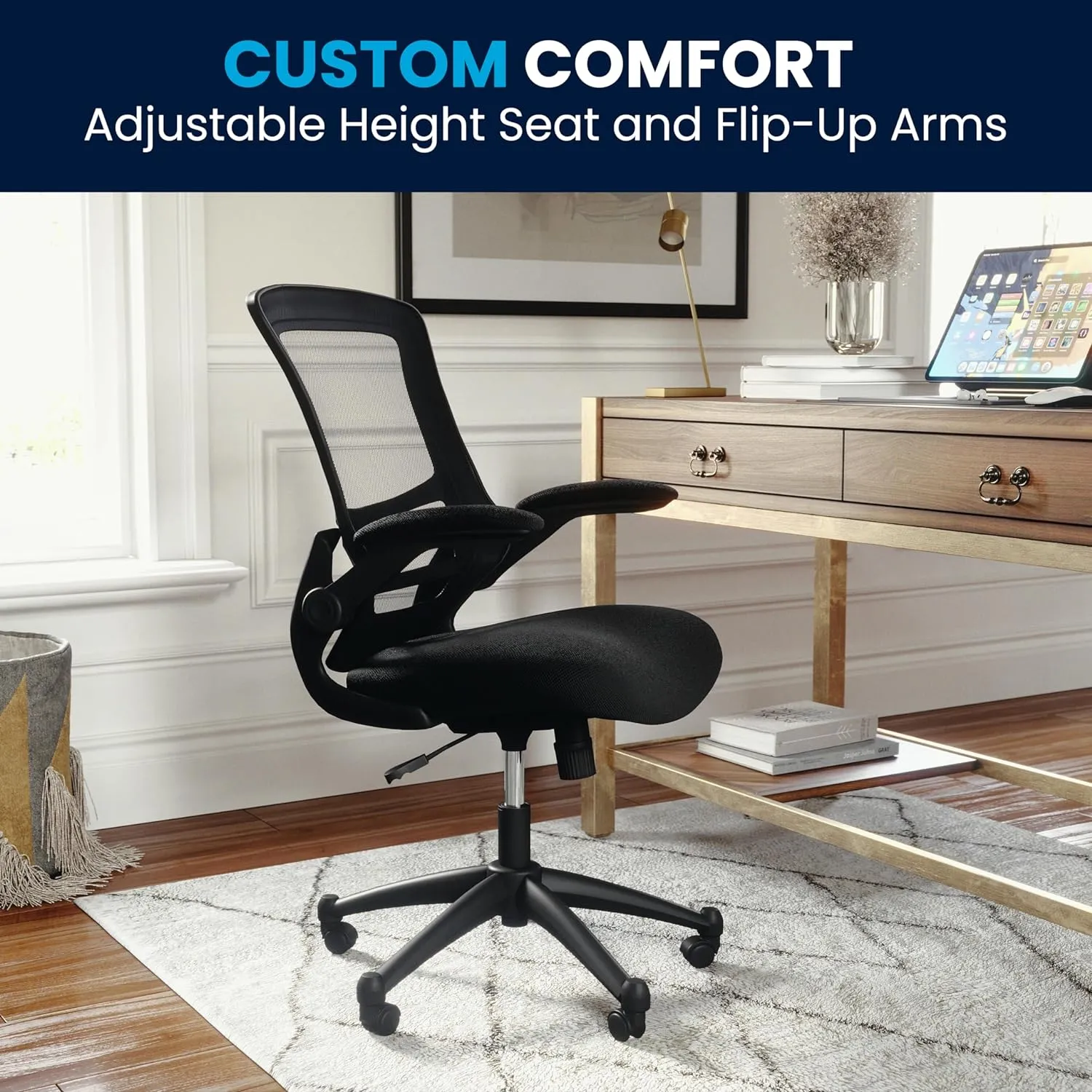 Flash Furniture Kelista Mid-Back Swivel Office Chair with Adjustable Seat Height, Ergonomic Mesh Desk Chair with Flip-Up Armrests, Black